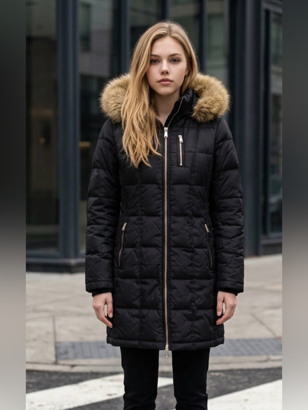Michael Kors Black Puffer Coat with Faux Fur Hood Trim